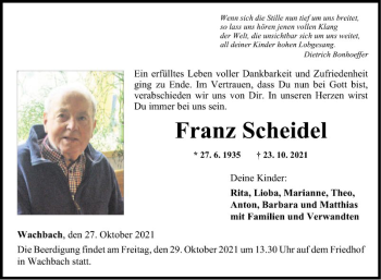 Traueranzeige von Franz Scheidel von Fränkische Nachrichten