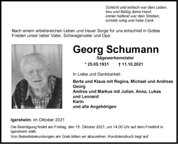 Traueranzeige von Georg Schumann von Fränkische Nachrichten