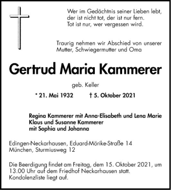 Traueranzeige von Gertrud Maria Kammerer von Mannheimer Morgen