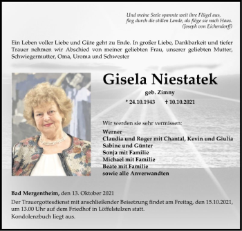 Traueranzeige von Gisela Niestatek von Fränkische Nachrichten