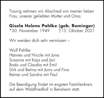 Traueranzeige von Gisela Helene Pahlke von Bergsträßer Anzeiger