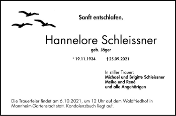 Traueranzeige von Hannelore Schleissner von Mannheimer Morgen