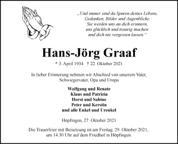 Traueranzeige von Hans-Jörg Graaf von Fränkische Nachrichten