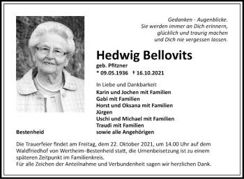 Traueranzeige von Hedwig Bellovits von Fränkische Nachrichten