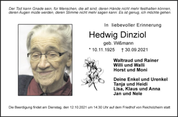 Traueranzeige von Hedwig Dinziol von Fränkische Nachrichten