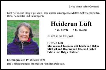 Traueranzeige von Heiderun Lüft von Fränkische Nachrichten