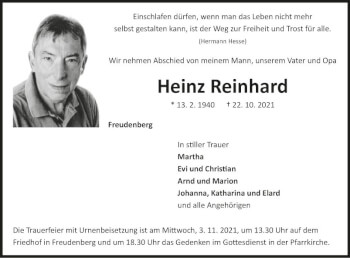 Traueranzeige von Heinz Reinhard von Fränkische Nachrichten