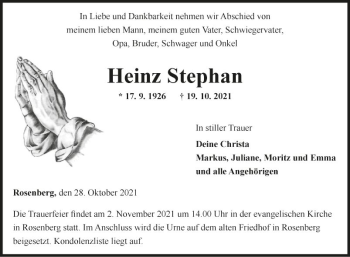 Traueranzeige von Heinz Stephan von Fränkische Nachrichten