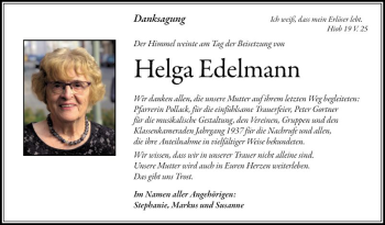 Traueranzeige von Helga Edelmann von Mannheimer Morgen