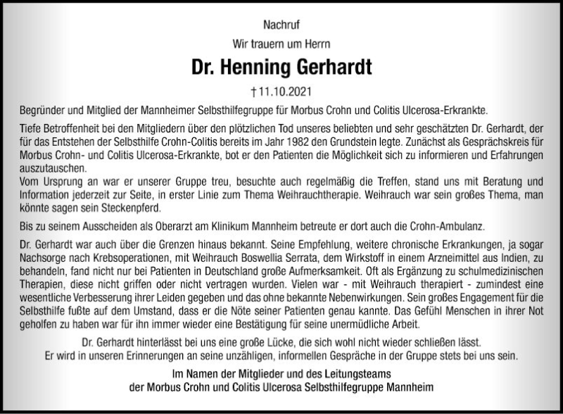  Traueranzeige für Henning Gerhardt vom 23.10.2021 aus Mannheimer Morgen