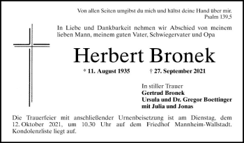 Traueranzeige von Herbert Bronek von Mannheimer Morgen