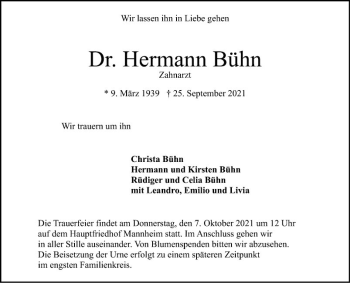 Traueranzeige von Hermann Bühn von Mannheimer Morgen