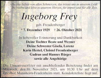 Traueranzeige von Ingeborg Frey von Mannheimer Morgen