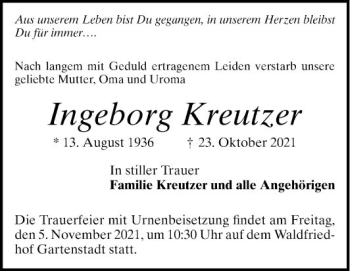 Traueranzeige von Ingeborg Kreutzer von Mannheimer Morgen