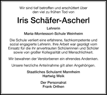 Traueranzeige von Iris Schäfer-Ascherl von Südhessen Morgen