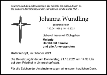 Traueranzeige von Johanna Wundlind von Fränkische Nachrichten