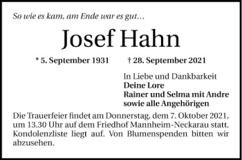 Traueranzeige von Josef Hahn von Mannheimer Morgen