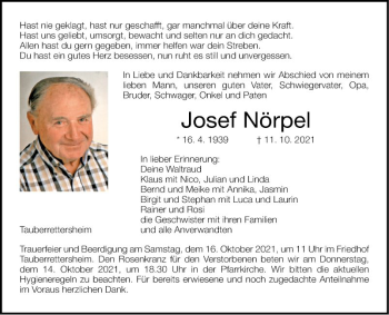 Traueranzeige von Josef Nörpel von Fränkische Nachrichten