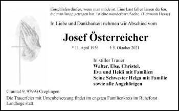 Traueranzeige von Josef Österreicher von Fränkische Nachrichten