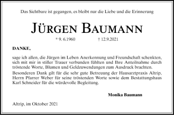 Traueranzeige von Jürgen Baumann von Mannheimer Morgen