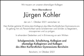 Traueranzeige von Jürgen Kohler von Bergsträßer Anzeiger
