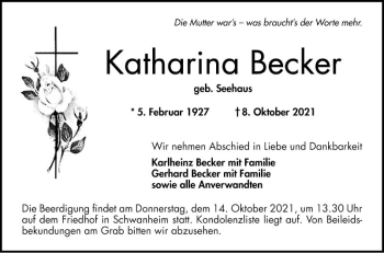 Traueranzeige von Katharina Becker von Bergsträßer Anzeiger