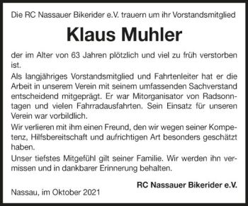 Traueranzeige von Klaus Muhler von Fränkische Nachrichten