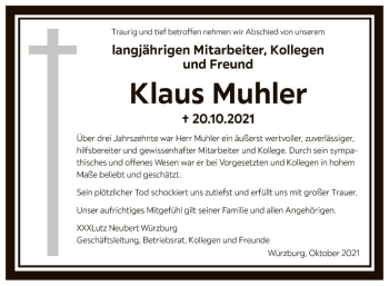 Traueranzeige von Klaus Muhler von Fränkische Nachrichten