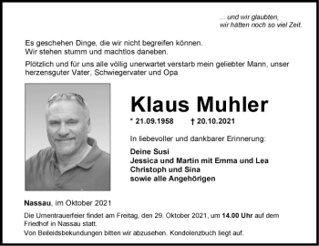 Traueranzeige von Klaus Muhler von Fränkische Nachrichten