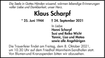 Traueranzeige von Klaus Scharpf von Mannheimer Morgen