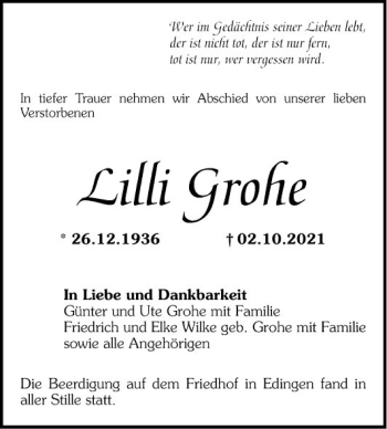 Traueranzeige von Lilli Grohe von Mannheimer Morgen