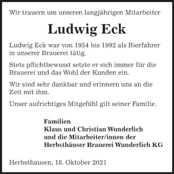 Traueranzeige von Ludwig Eck von Fränkische Nachrichten