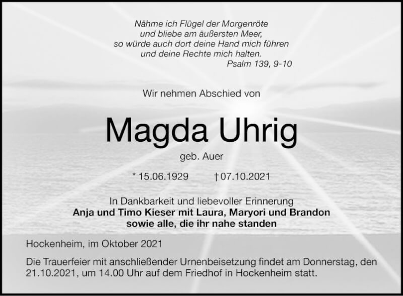  Traueranzeige für Magda Uhrig vom 16.10.2021 aus Schwetzinger Zeitung