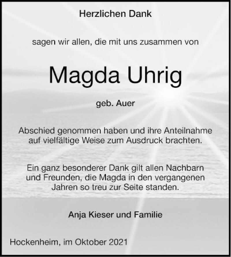 Traueranzeige für Magda Uhrig vom 30.10.2021 aus Schwetzinger Zeitung