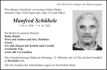 Traueranzeige von Manfred Schübele von Fränkische Nachrichten