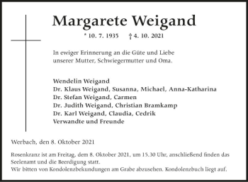 Traueranzeige von Margarete Weigand von Fränkische Nachrichten