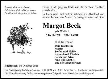 Traueranzeige von Margot Beck von Fränkische Nachrichten