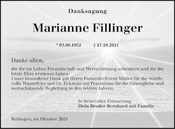 Traueranzeige von Marianne Fillinger von Schwetzinger Zeitung