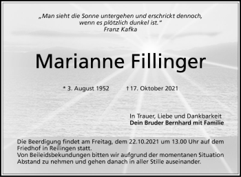 Traueranzeige von Marianne Fillinger von Schwetzinger Zeitung