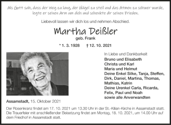 Traueranzeige von Martha Deißler von Fränkische Nachrichten