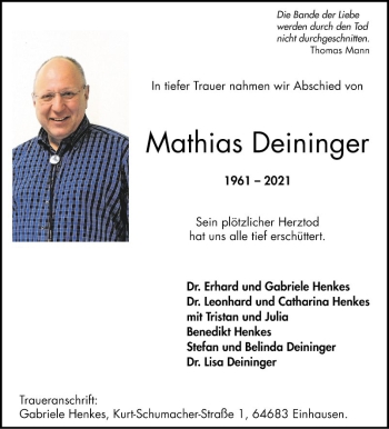 Traueranzeige von Mathias Deininger von Bergsträßer Anzeiger