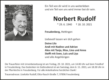 Traueranzeige von Norbert Rudolf von Fränkische Nachrichten