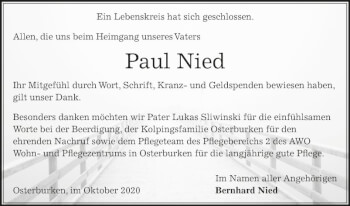 Traueranzeige von Paul Nied von Fränkische Nachrichten