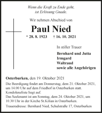 Traueranzeige von Paul Nied von Fränkische Nachrichten