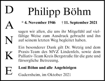 Traueranzeige von Philipp Böhm von Bergsträßer Anzeiger