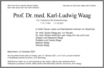 Traueranzeige von Prof. Dr. med. Karl-Ludwig Waag von Mannheimer Morgen