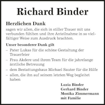 Traueranzeige von Richard Binder von Fränkische Nachrichten