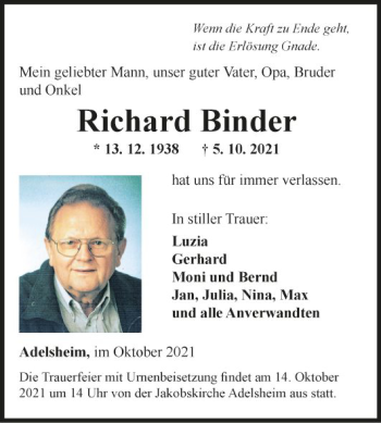 Traueranzeige von Richard Binder von Fränkische Nachrichten