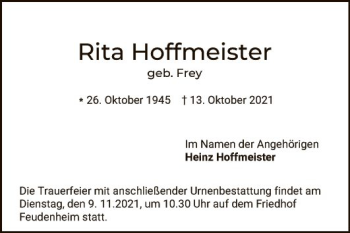 Traueranzeige von Rita Hoffmeister von Mannheimer Morgen