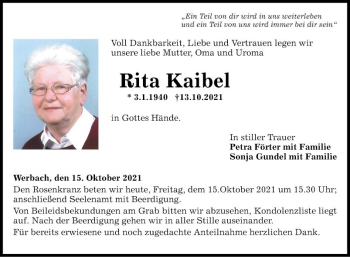 Traueranzeige von Rita Kaibel von Fränkische Nachrichten